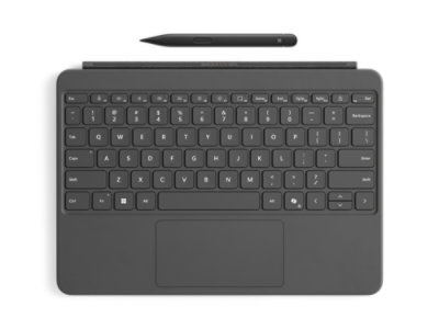 A Surface Slim Pen sits above a Slate Surface Pro 12-inch Keyboard