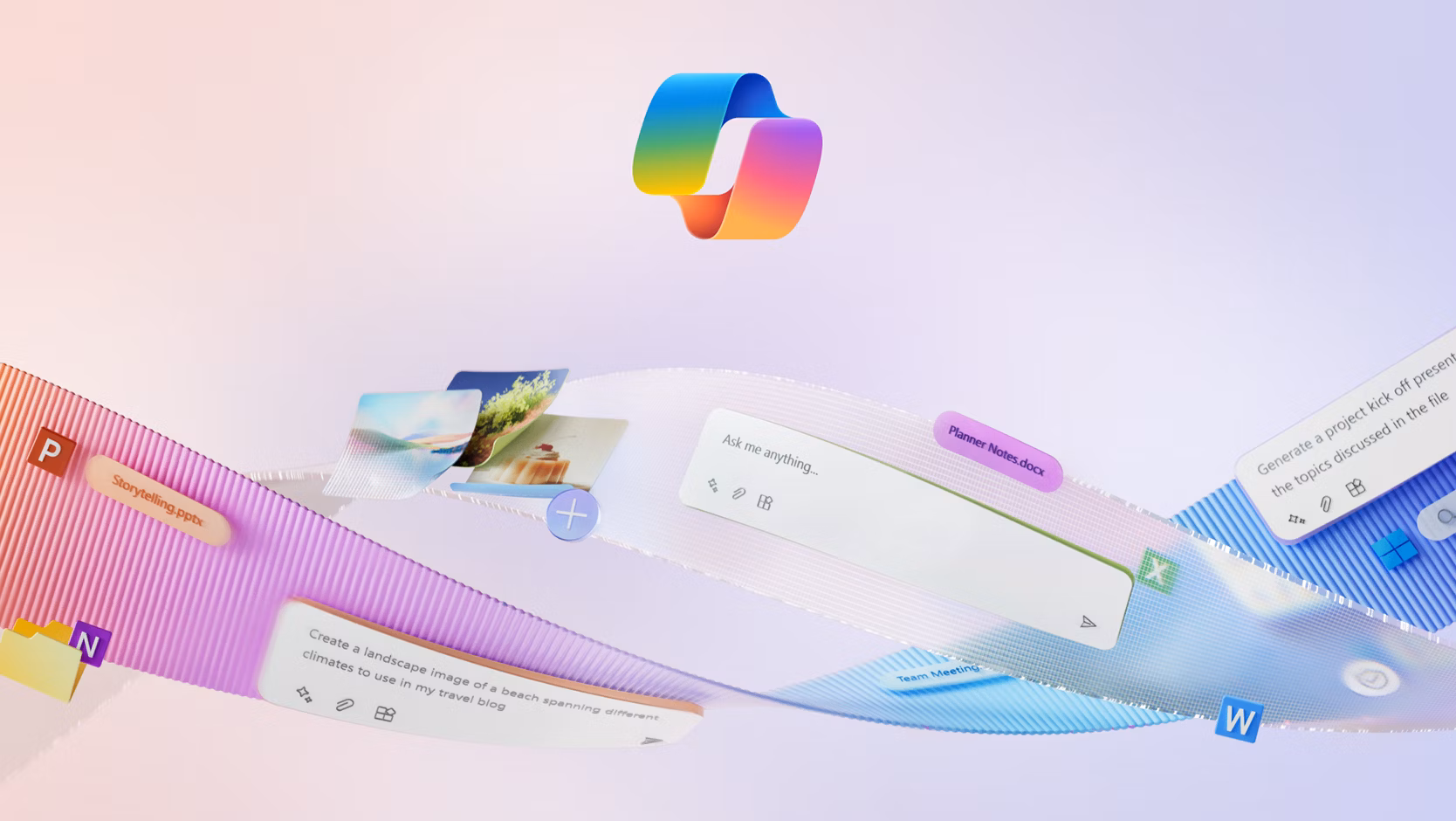 Various Microsoft 365 app icons, such as PowerPoint, Word and OneNote, swirl next to a Copilot icon, suggesting the various apps in which you can use AI assistance.