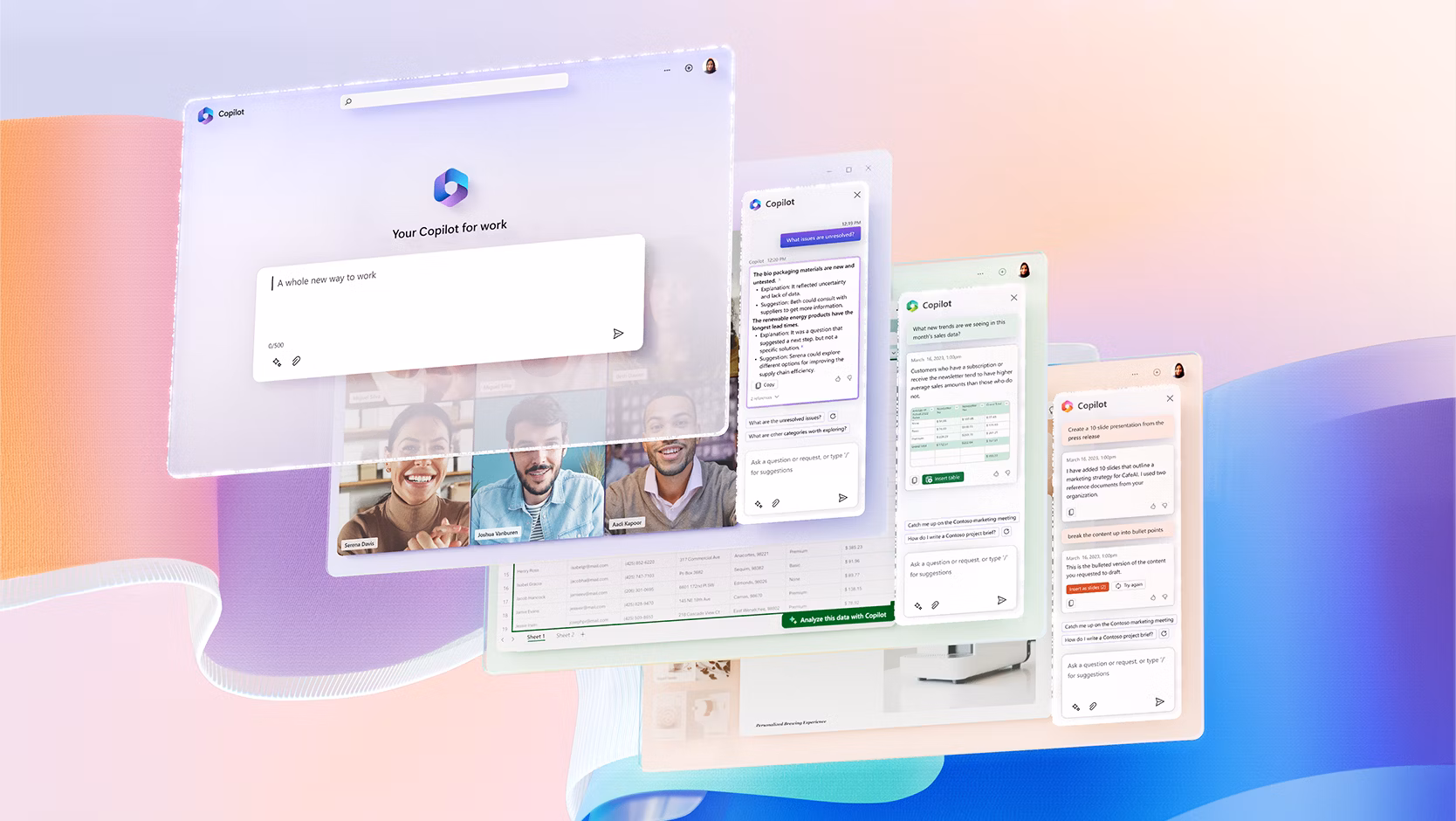 Various Microsoft 365 app icons, such as PowerPoint, Word and OneNote, swirl next to a Copilot icon, suggesting the various apps in which you can use AI assistance.