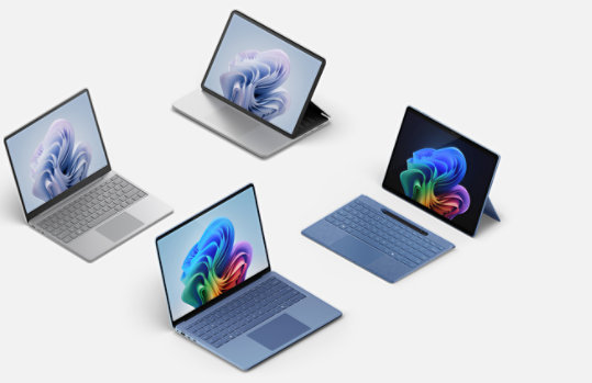 Surface devices, including Surface Pro Copilot Plus PC with a sapphire blue keyboard and pen, and sapphire blue Surface Copilot Plus PC laptop.