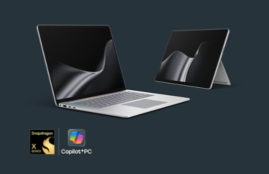 The latest edition Surface for Business PCs—a Surface Laptop for Business and a Surface Pro for Business, both in the color Platinum.