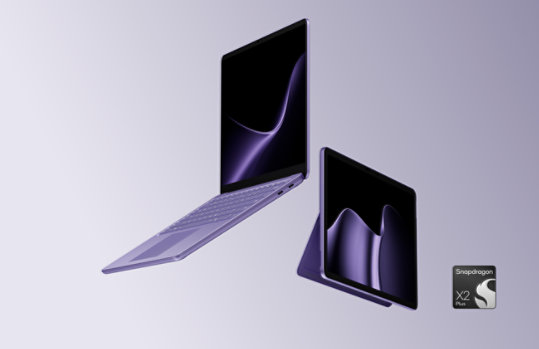A floating Surface Laptop, 13-inch (2nd Edition) and Surface Pro, 12-inch (2nd Edition), both in the color Violet. 