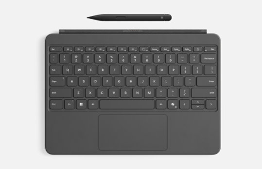 A Surface Slim Pen sits above a Surface Pro 12-inch Keyboard. 