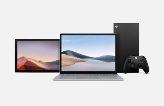 A refurbished Surface Pro 7, Laptop 4 and XBOX Series X.