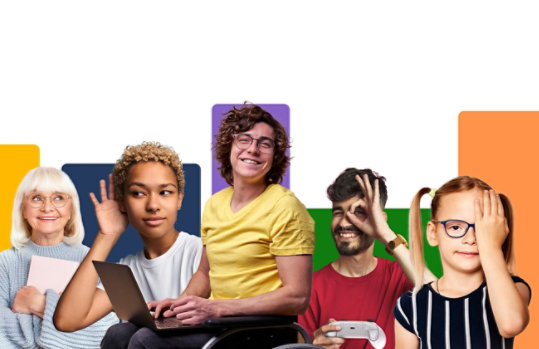 A group of people with various accessibility needs.