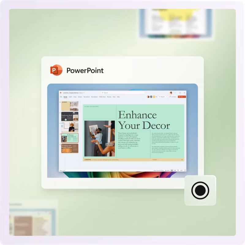 A light green gradient background with a PowerPoint slideshow open on a computer screen and an enlarged record icon over the bottom right of the screen