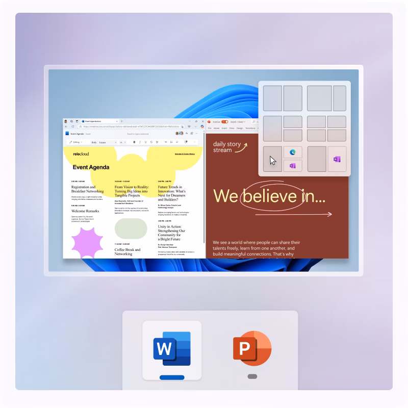 A Word document and PowerPoint file open on a computer screen with a Snap Assist grid in the top right and enlarged Word and PowerPoint icons at the bottom on a light purple gradient background