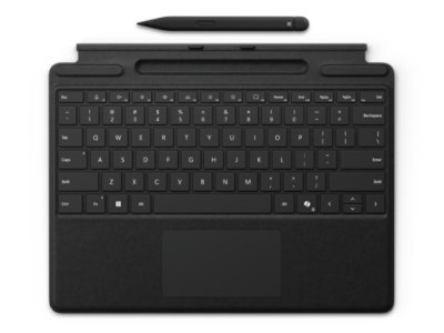 Vista desde arriba de un Teclado para Surface Pro con Slim Pen para empresas en el color negro.