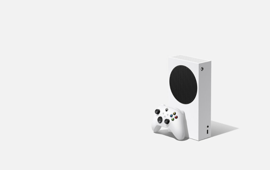 XBOX Series S console with XBOX wireless controller robot white, facing left with grey background 