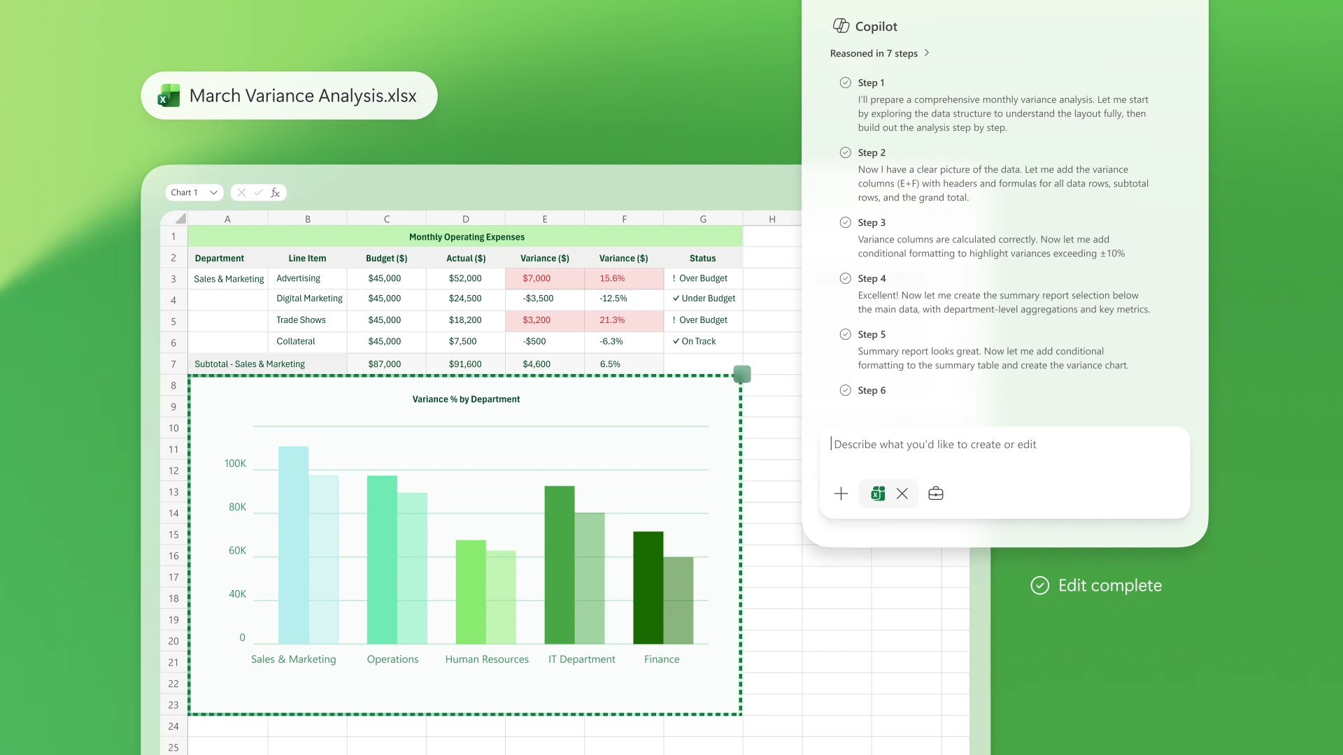 A decorative image showing Copilot analyze business data in Excel