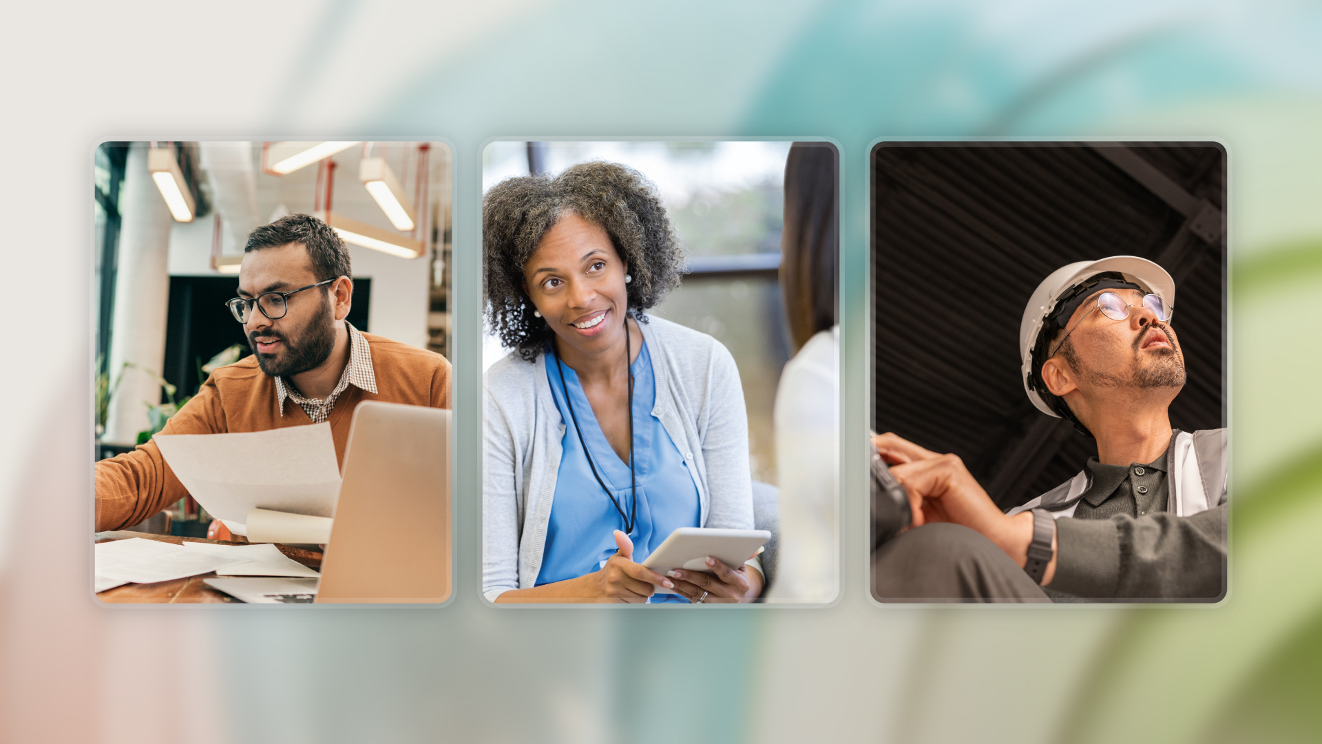 A decorative image of financial services, healthcare, and manufacturing professionals